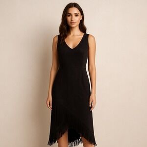 Laundry by Shelli Black Faux Suede Asymmetric Fringe Sheath Party Dress Size 8‎